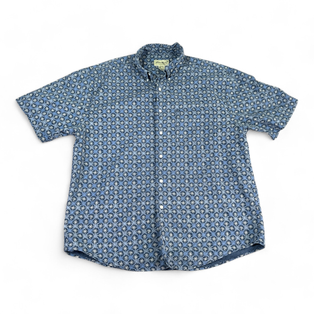 Vintage Eddie Bauer Shirt Adult LARGE Blue Linen Blend Pinwheel Oversized Y2K